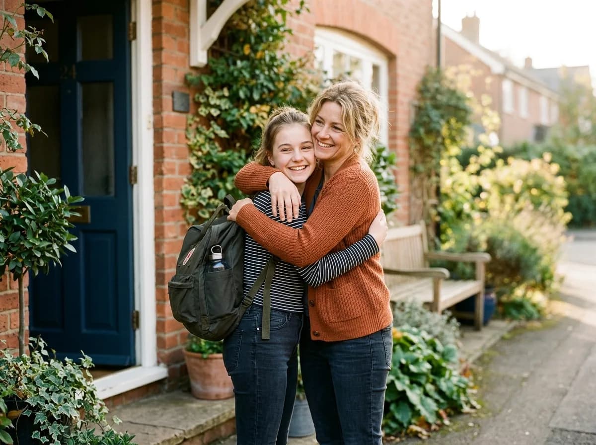 Parent hugging her daughter at the front door after school